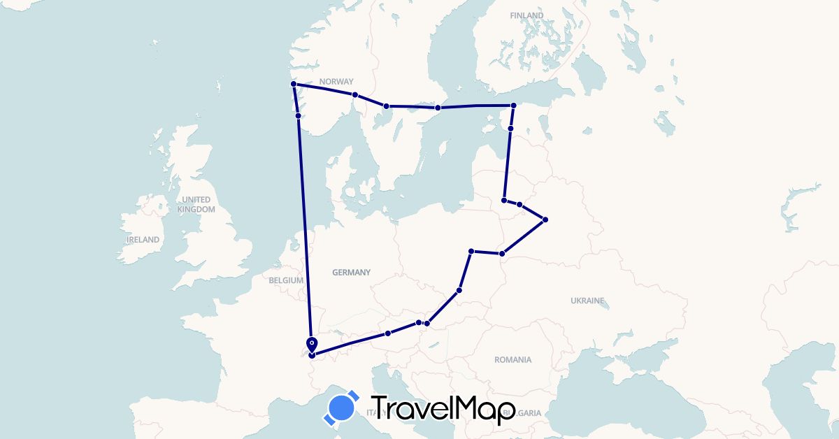 TravelMap itinerary: driving in Austria, Belarus, Switzerland, Estonia, Lithuania, Norway, Poland, Sweden, Slovakia (Europe)